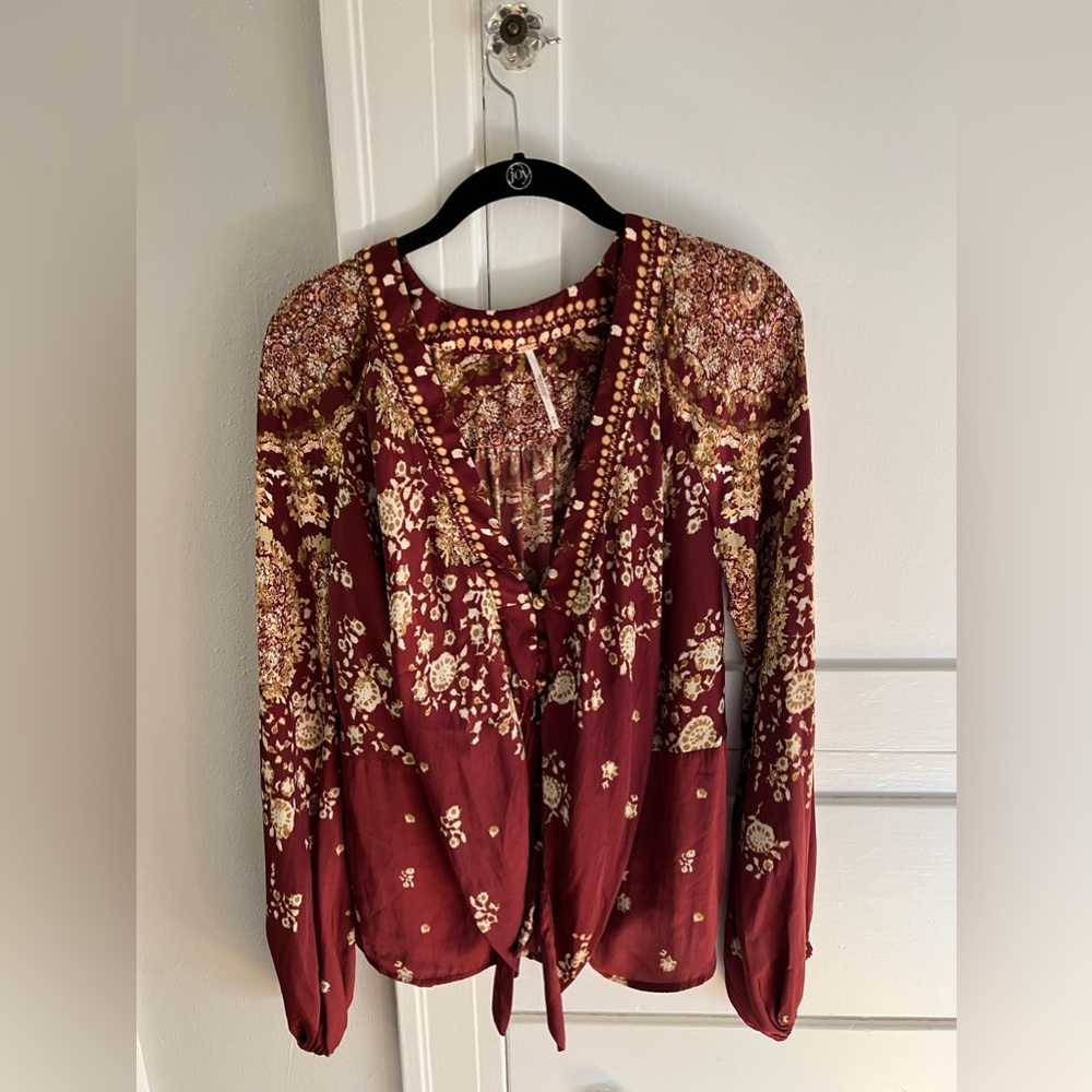 Free people silky bohemian floral tie blouse